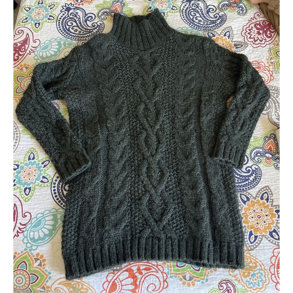 Garnet Hill Mock Neck Cable Knit Tunic Sweater Gray Alpaca Wool Size M Chunky